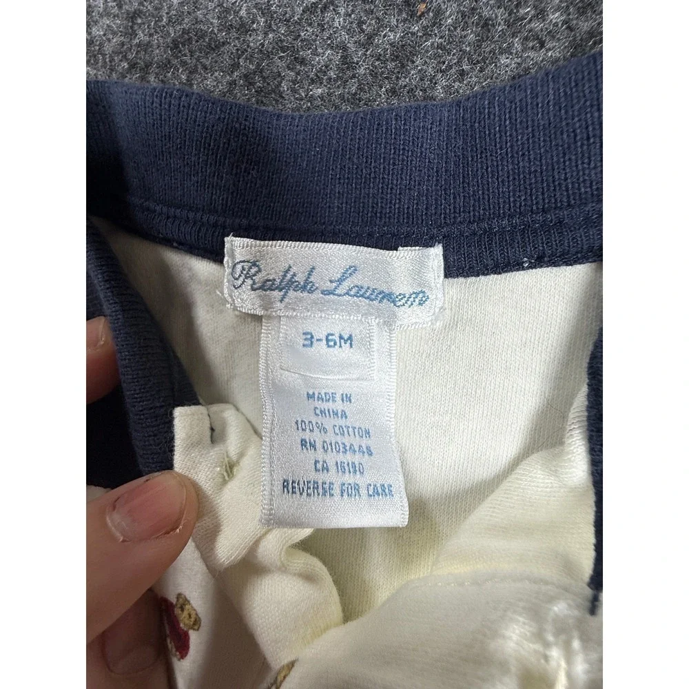 Ralph Lauren Polo Shirt Baby Boys 3-6M Cream Navy Blue Polo Bear Long Sleeve‎